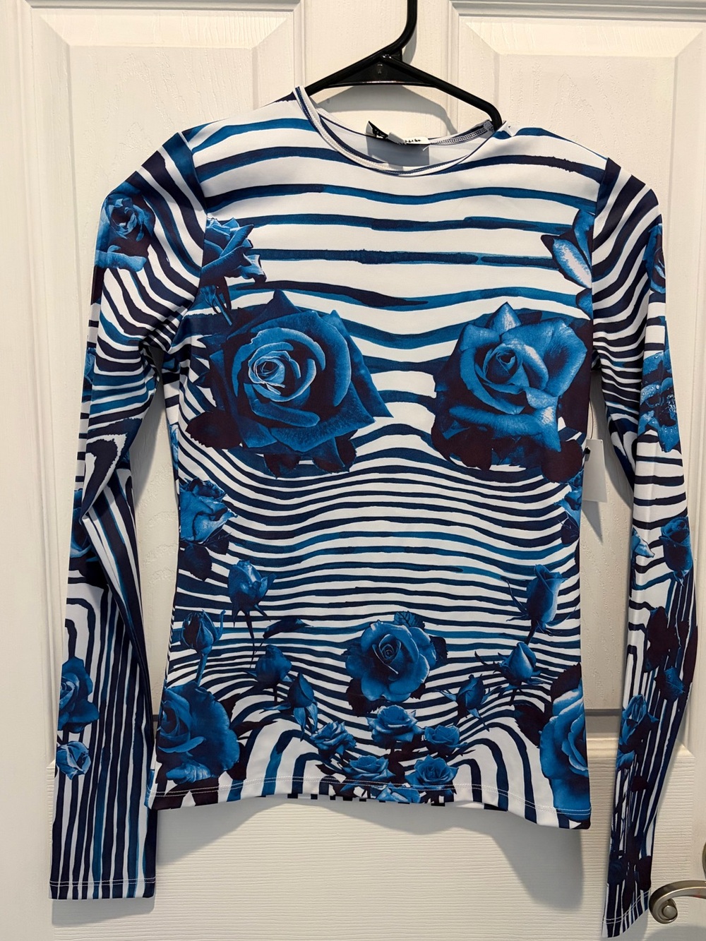 Jean Paul Gaultier Morphing Long Sleeve Top with Blue Rose Print New Tags - Picture 2 of 7